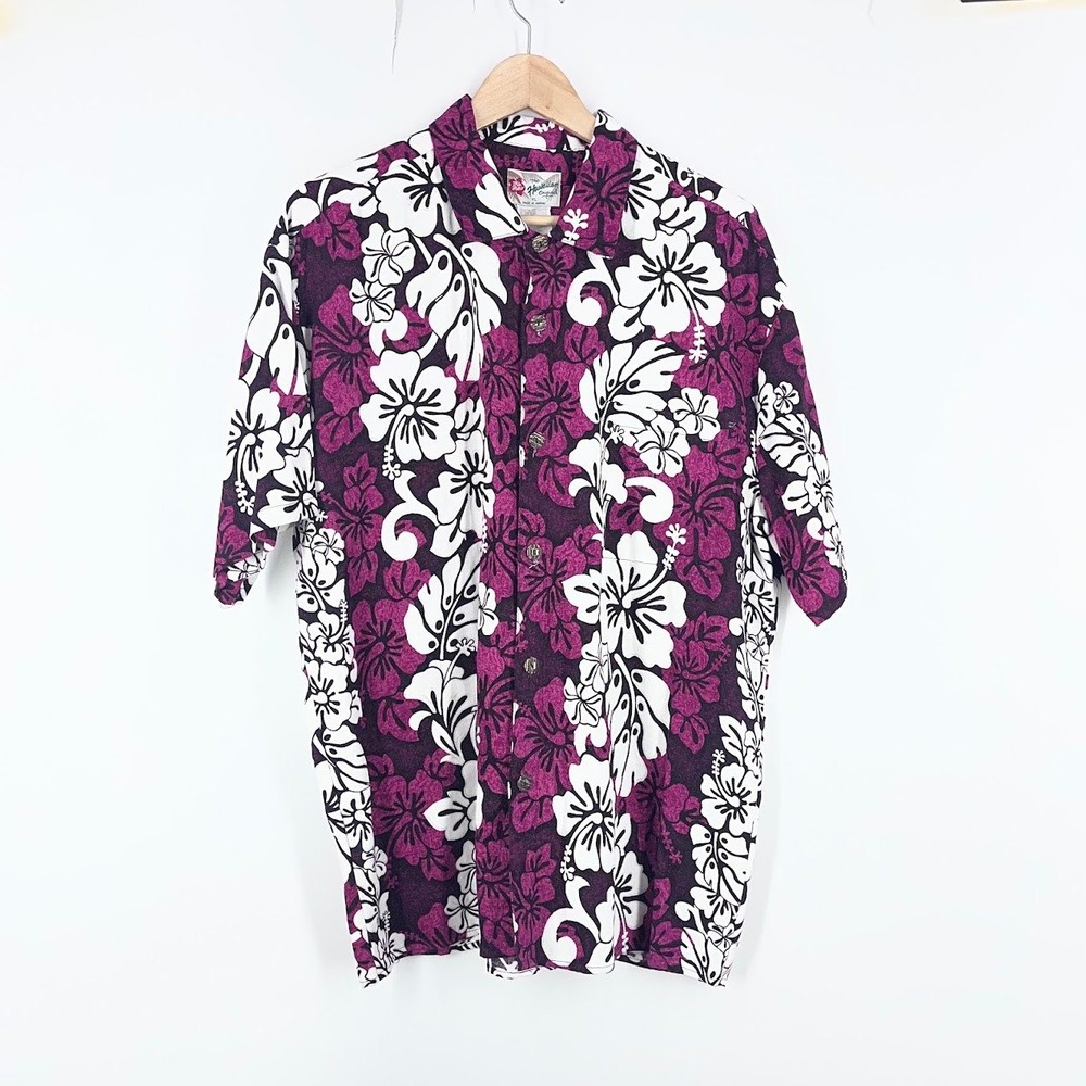 Hilo Hattie Mens XL Hawaiian Shirt Purple White Floral Hibiscus Cotton 516 USA